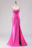 Fuchsia Mermaid Strapless Prom Dress with Rhinestones