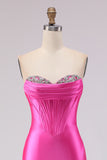 Fuchsia Mermaid Strapless Prom Dress with Rhinestones