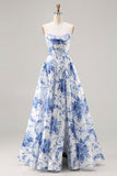 Blue Floral Strapless A Line Corset Prom Dress