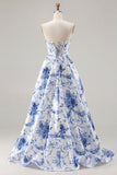 Blue Floral Strapless A Line Corset Prom Dress