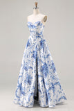 Blue Floral Strapless A Line Corset Prom Dress