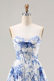 Blue Floral Strapless A Line Corset Prom Dress