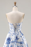 Blue Floral Strapless A Line Corset Prom Dress