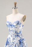 Blue Floral Strapless A Line Corset Prom Dress