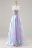 Sparkly Purple Strapless A Line Appliqued Prom Dress