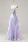 Sparkly Purple Strapless A Line Appliqued Prom Dress
