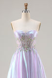 Sparkly Purple Strapless A Line Appliqued Prom Dress