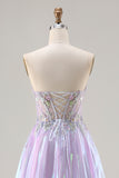 Sparkly Purple Strapless A Line Appliqued Prom Dress
