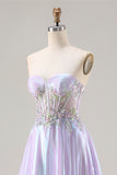 Sparkly Purple Strapless A Line Appliqued Prom Dress