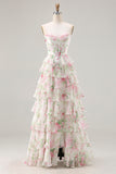 Pink Floral Tiered Corset Prom Dress with Slit