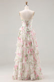 Pink Floral Tiered Corset Prom Dress with Slit