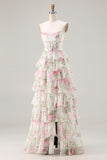Pink Floral Tiered Corset Prom Dress with Slit