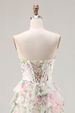 Pink Floral Tiered Corset Prom Dress with Slit