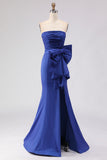 Strapless Royal Blue Mermaid Ruched Prom Dress with Bow