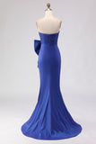 Strapless Royal Blue Mermaid Ruched Prom Dress with Bow
