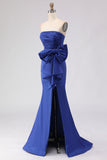 Strapless Royal Blue Mermaid Ruched Prom Dress with Bow