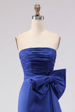 Strapless Royal Blue Mermaid Ruched Prom Dress with Bow