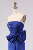 Strapless Royal Blue Mermaid Ruched Prom Dress with Bow