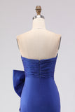 Strapless Royal Blue Mermaid Ruched Prom Dress with Bow
