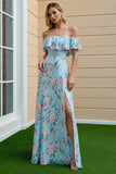 Sheath Blue Pink Flower Off the Shoulder Long Bridesmaid Dress With Slit