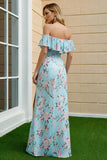 Sheath Blue Pink Flower Off the Shoulder Long Bridesmaid Dress With Slit