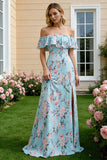 Sheath Blue Pink Flower Off the Shoulder Long Bridesmaid Dress With Slit