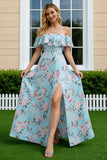 Sheath Blue Pink Flower Off the Shoulder Long Bridesmaid Dress With Slit