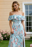 Sheath Blue Pink Flower Off the Shoulder Long Bridesmaid Dress With Slit
