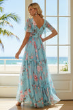 A Line Blue Pink Flower V-Neck Long Bridesmaid Dress With Ruffles