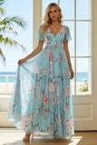 A Line Blue Pink Flower V-Neck Long Bridesmaid Dress With Ruffles