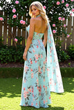 Blue Pink Flower Halter A Line Long Bridesmaid Dress
