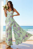 Ruched Green Purple Flower Sheath Long Bridesmaid Dress With Cape