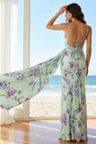 Ruched Green Purple Flower Sheath Long Bridesmaid Dress With Cape