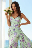 Ruched Green Purple Flower Sheath Long Bridesmaid Dress With Cape