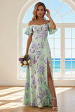 Cold Shoulder Green Purple Flower A Line Long Bridesmaid Dress With Slit