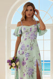 Cold Shoulder Green Purple Flower A Line Long Bridesmaid Dress With Slit