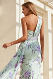 Green Purple Flower One Shoulder Sheath Long Bridesmaid Dress With Cape