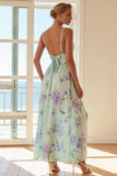Green Purple Flower A Line Long Bridesmaid Dress With Slit