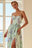 Green Purple Flower A Line Long Bridesmaid Dress With Slit
