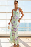Sheath Green Purple Flower Simple Long Bridesmaid Dress