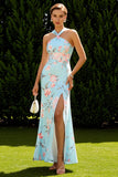 Blue Pink Flower Halter Sheath Long Bridesmaid Dress With Slit