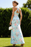 Blue Pink Flower Halter Sheath Long Bridesmaid Dress With Slit