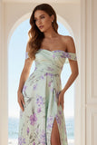 Off the Shoulder Green Purple Flower A Line Long Bridesmaid Dress With Slit