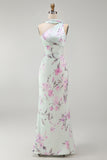 Mermaid Green Purple Flower Halter Long Bridesmaid Dress With Ribbon