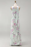 Mermaid Green Purple Flower Halter Long Bridesmaid Dress With Ribbon