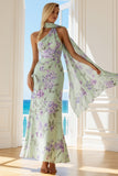 Mermaid Green Purple Flower Halter Long Bridesmaid Dress With Ribbon