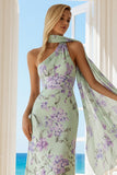 Mermaid Green Purple Flower Halter Long Bridesmaid Dress With Ribbon