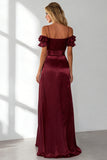 Burgundy Cold Shoulder A Line Long Prom Dress With Slit