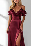 Burgundy Cold Shoulder A Line Long Prom Dress With Slit