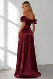 Burgundy Cold Shoulder A Line Long Prom Dress With Slit